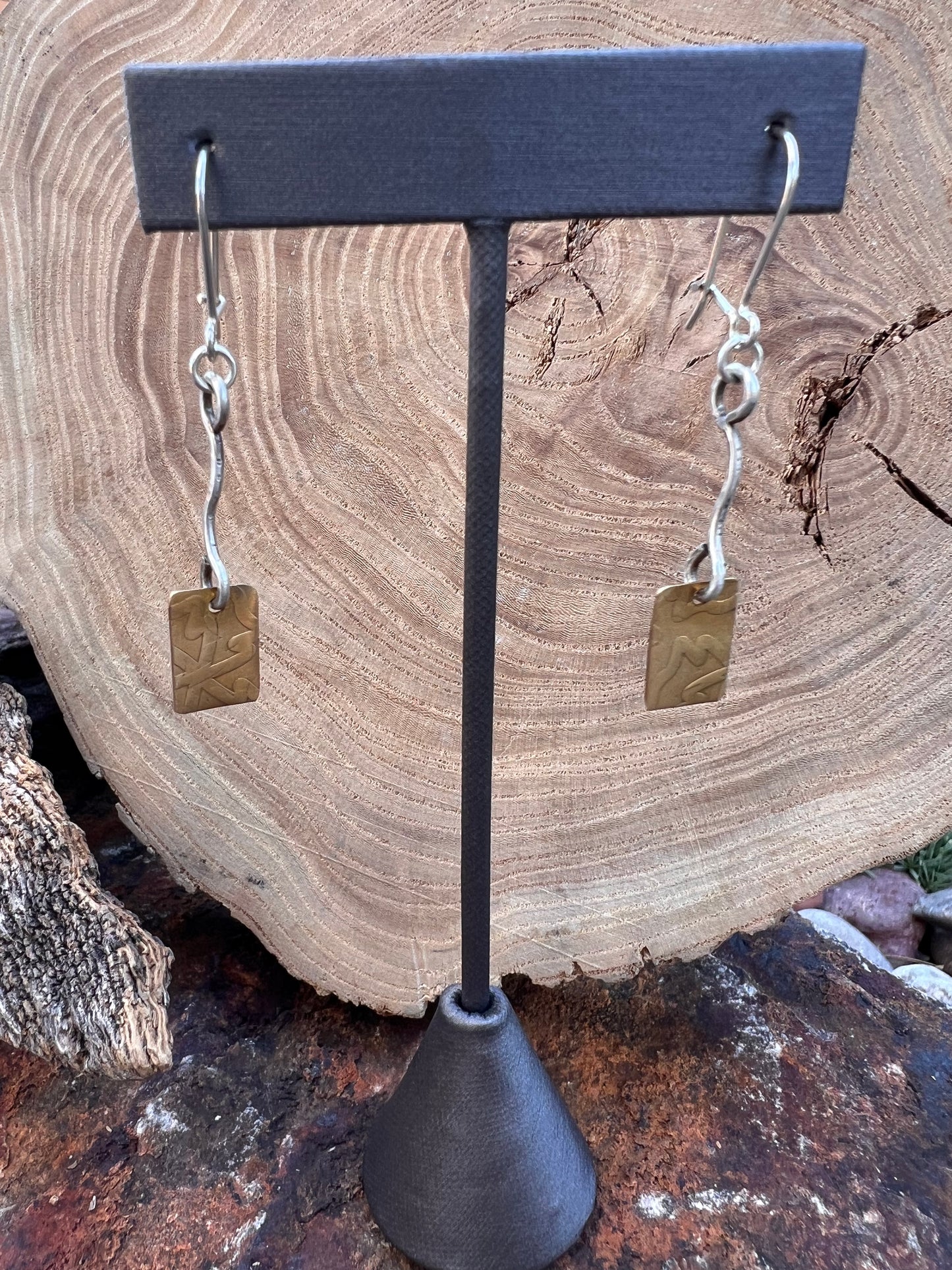 Nothing in life is a straight line earrings in brass and sterling silver