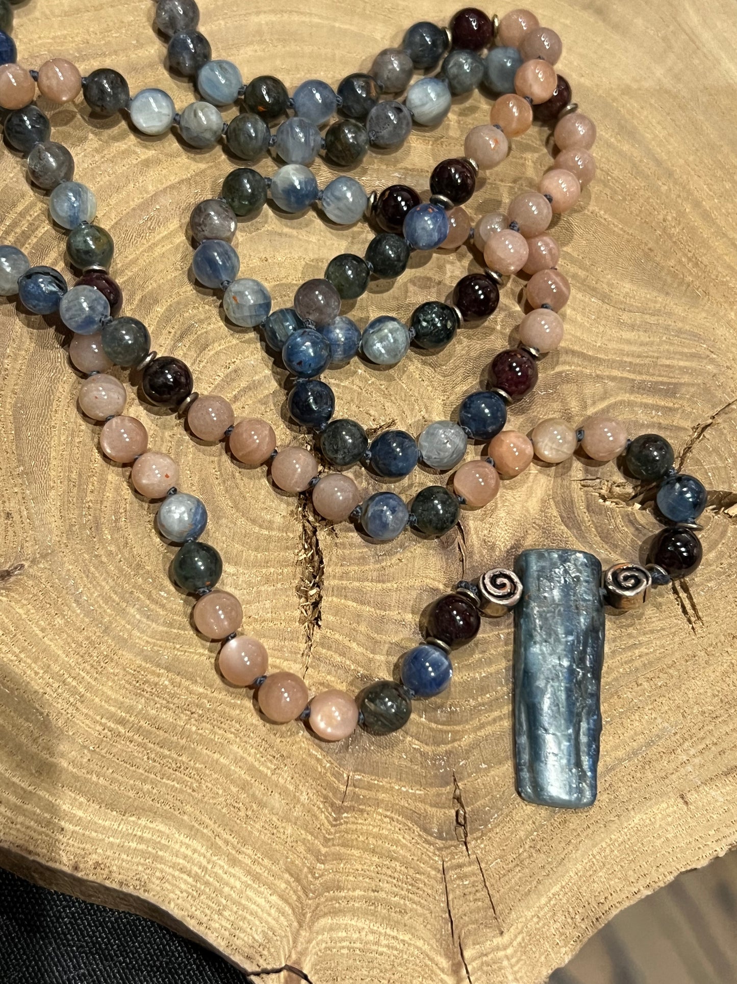 Kyanite garnet sunstone with copper journey mala