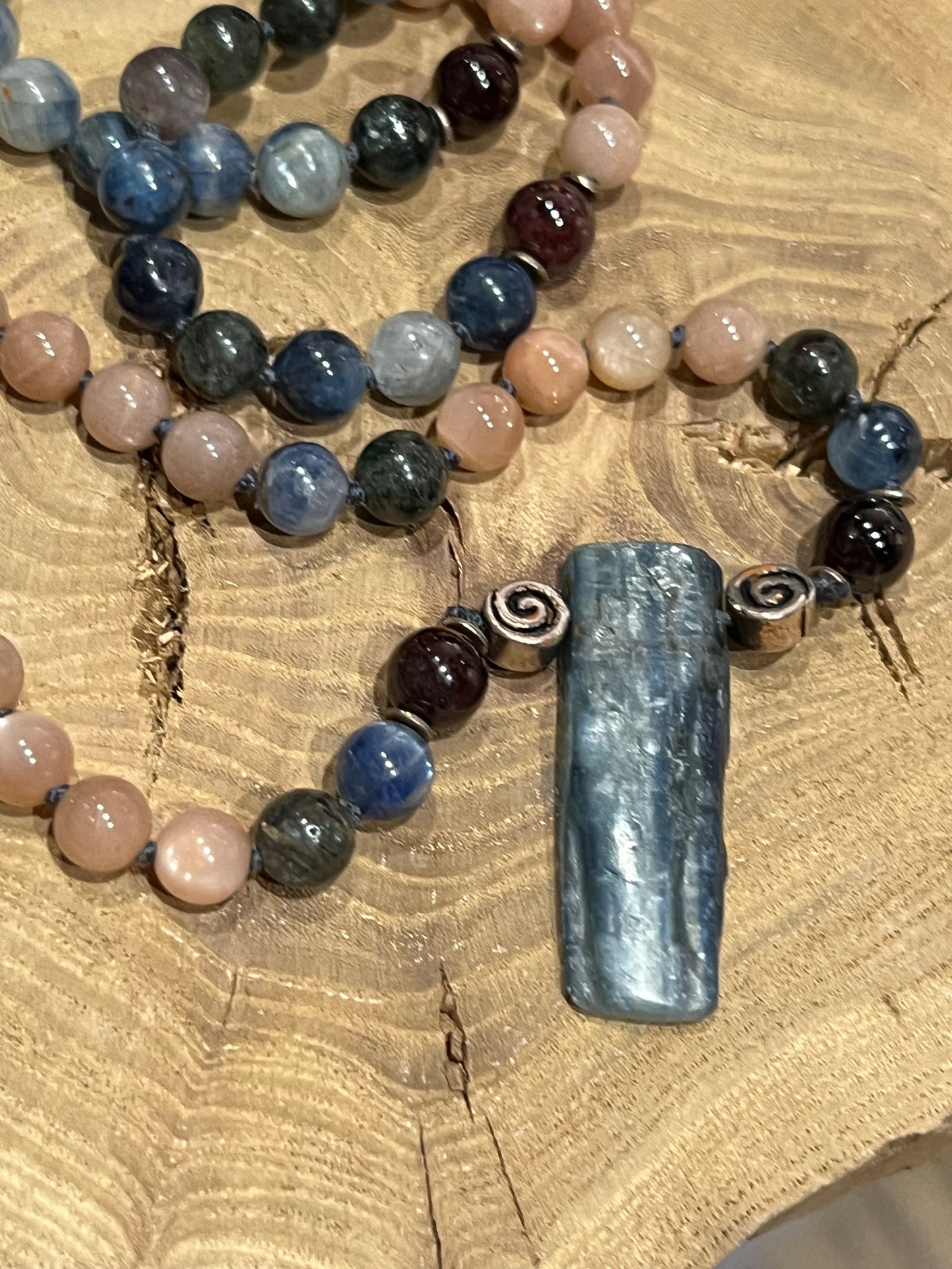 Kyanite garnet sunstone with copper journey mala