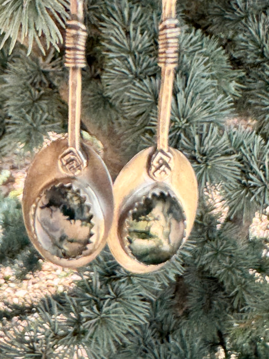 Moss agate hanging from shimmery branches earrings