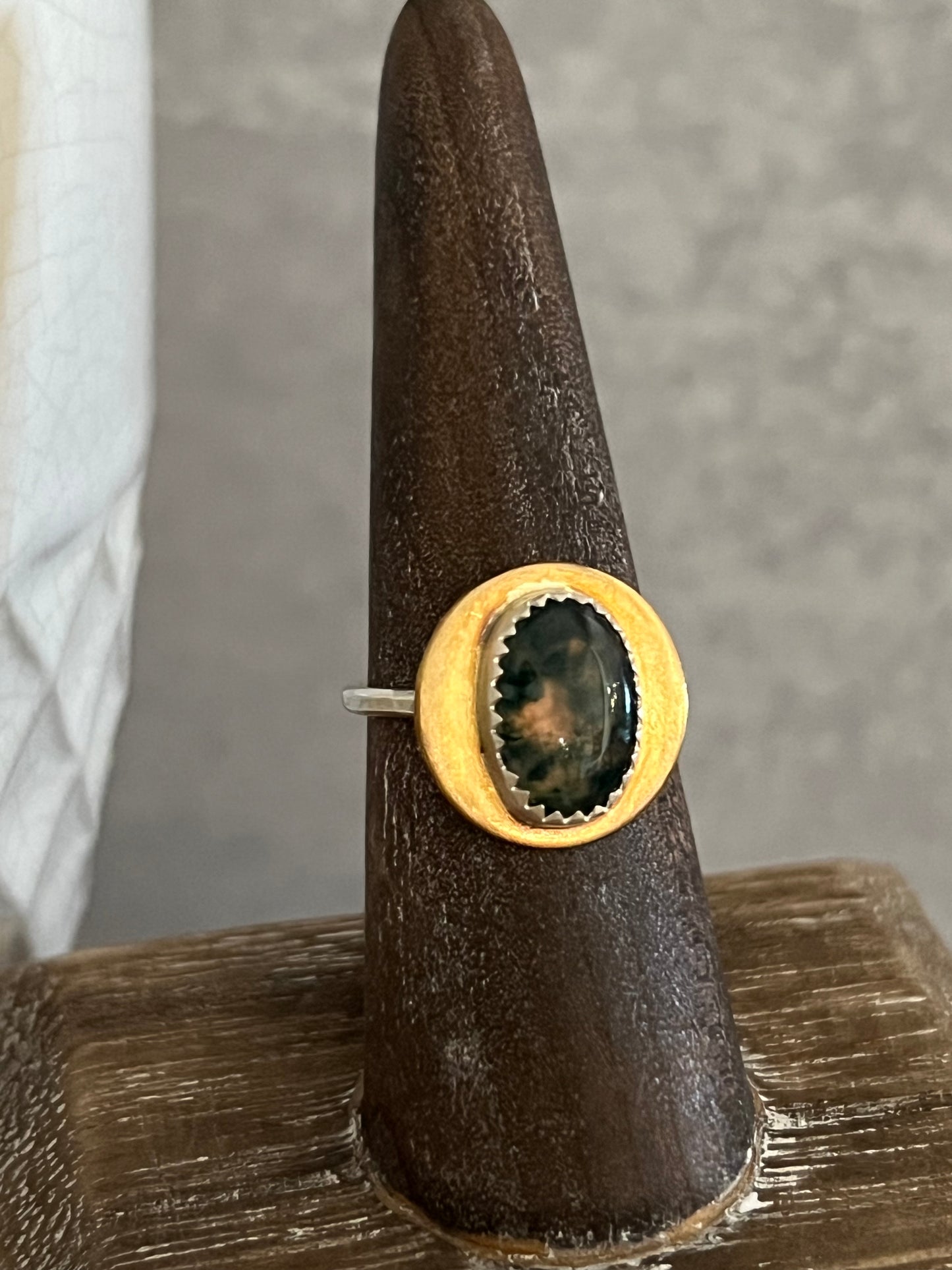 Moss agate lil baby ring with brass