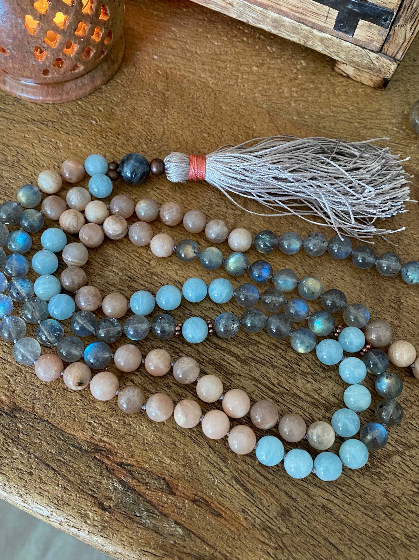 Blue Labradorite, Aquamarine and Sunstone Mala.