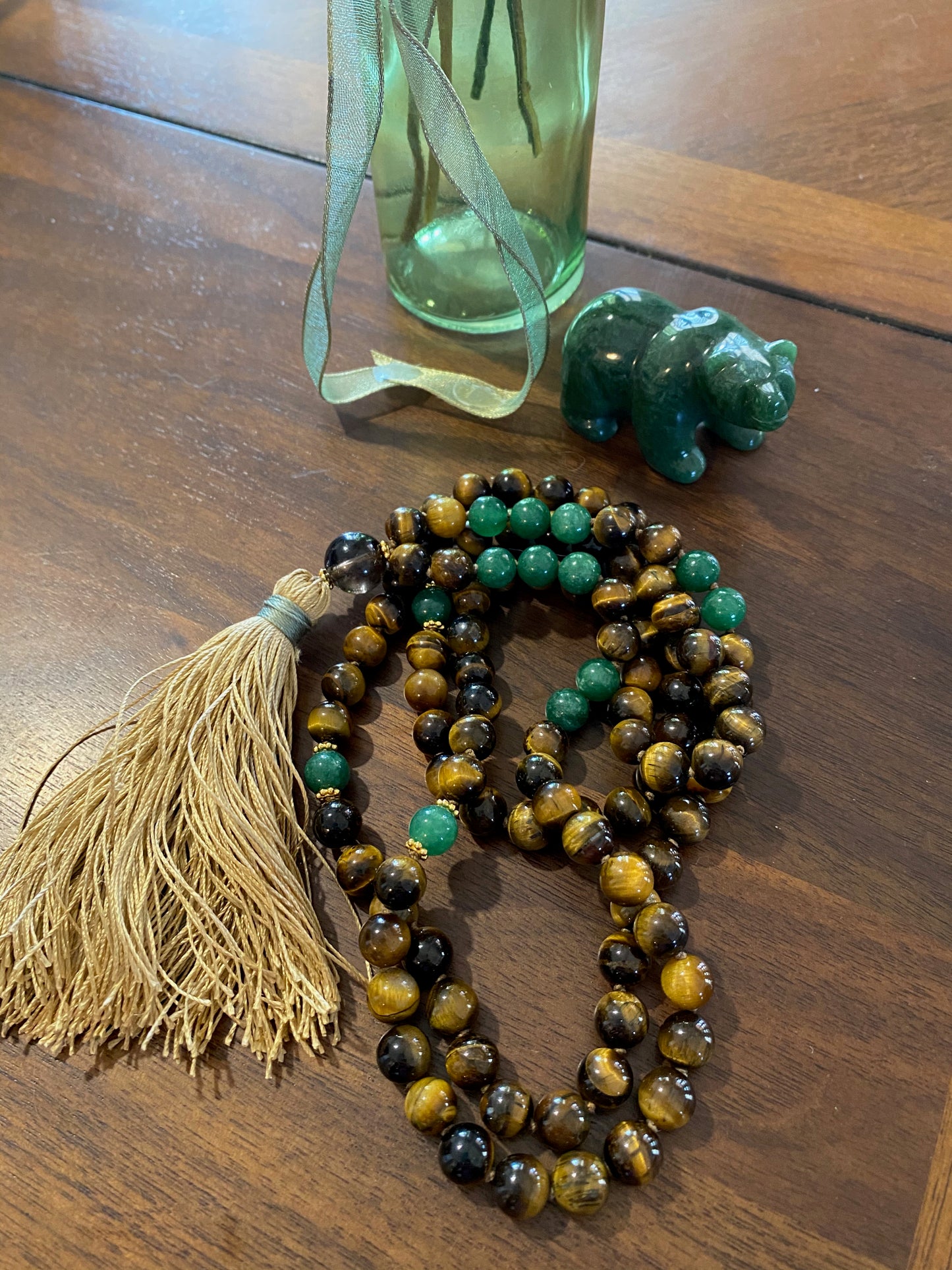 Tiger's Eye, Jade and Smokey Quartz Tibetan Pattern Mala