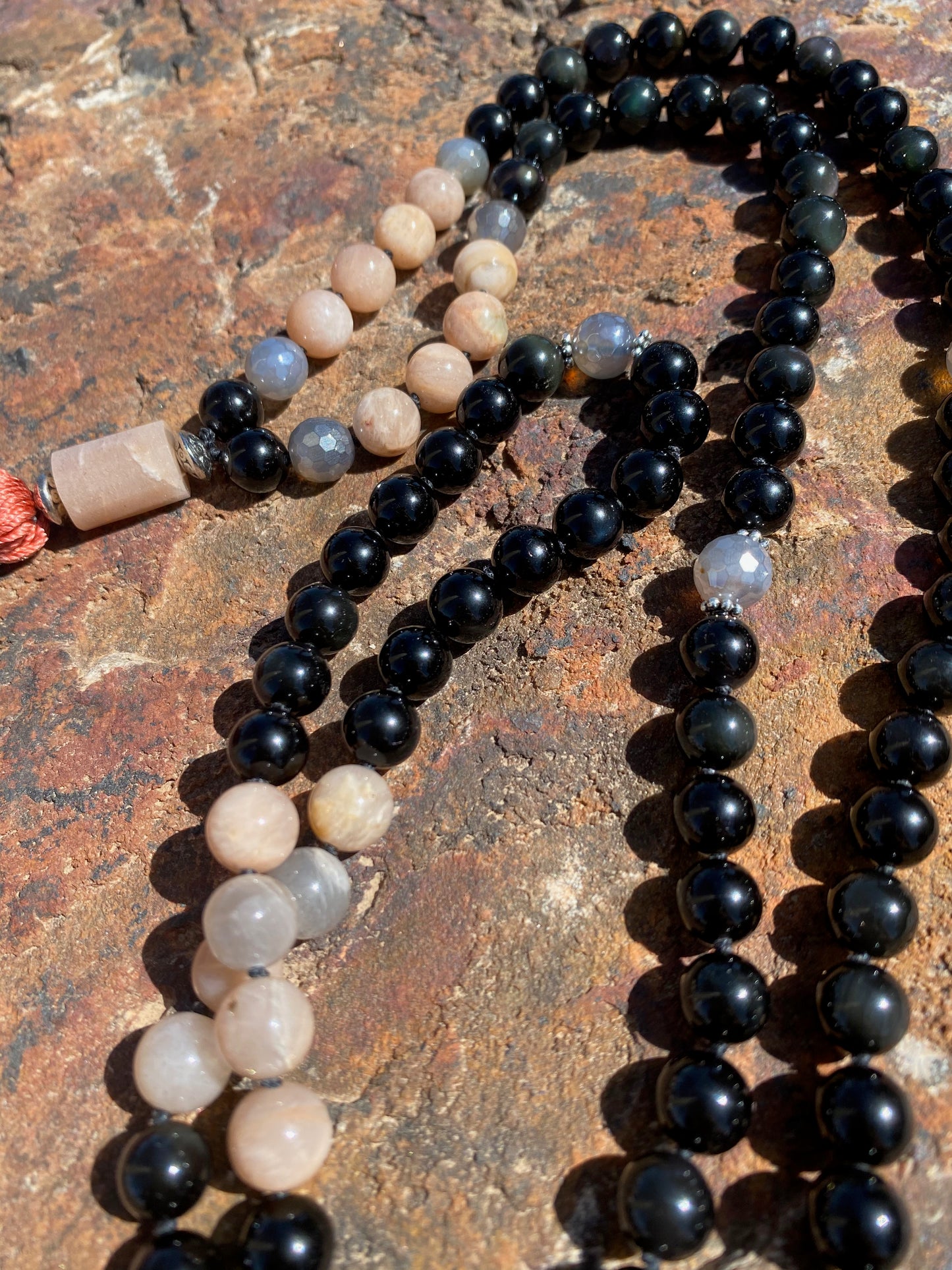 Rainbow Obsidian, Peach Sunstone and Faceted Smokey Quartz Mantra Pattern Mala