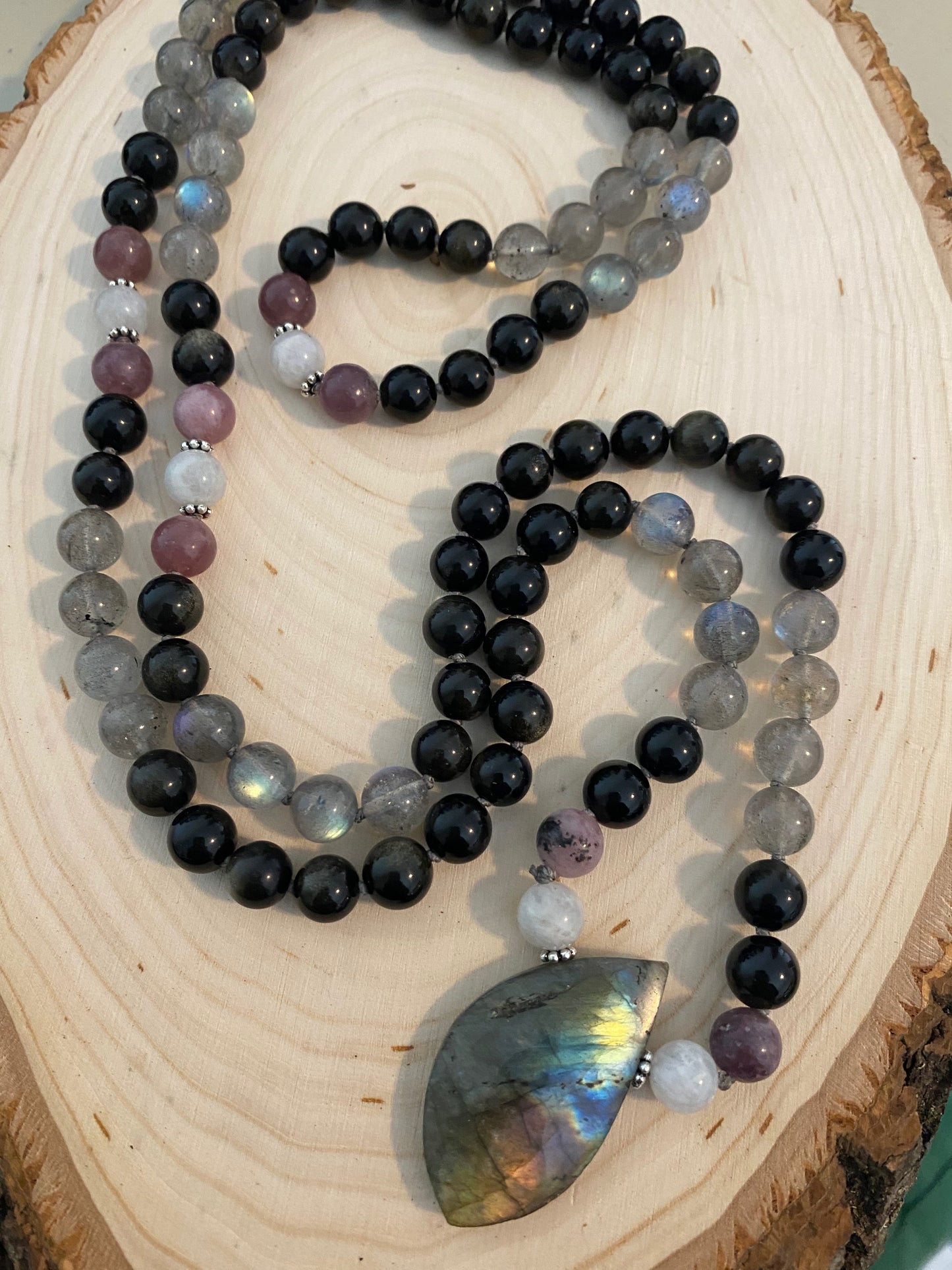 TIbetan Infinity Mala with Gold Sheen Obsidian, Labradorite, Lepidolite and Rainbow Moonstone.