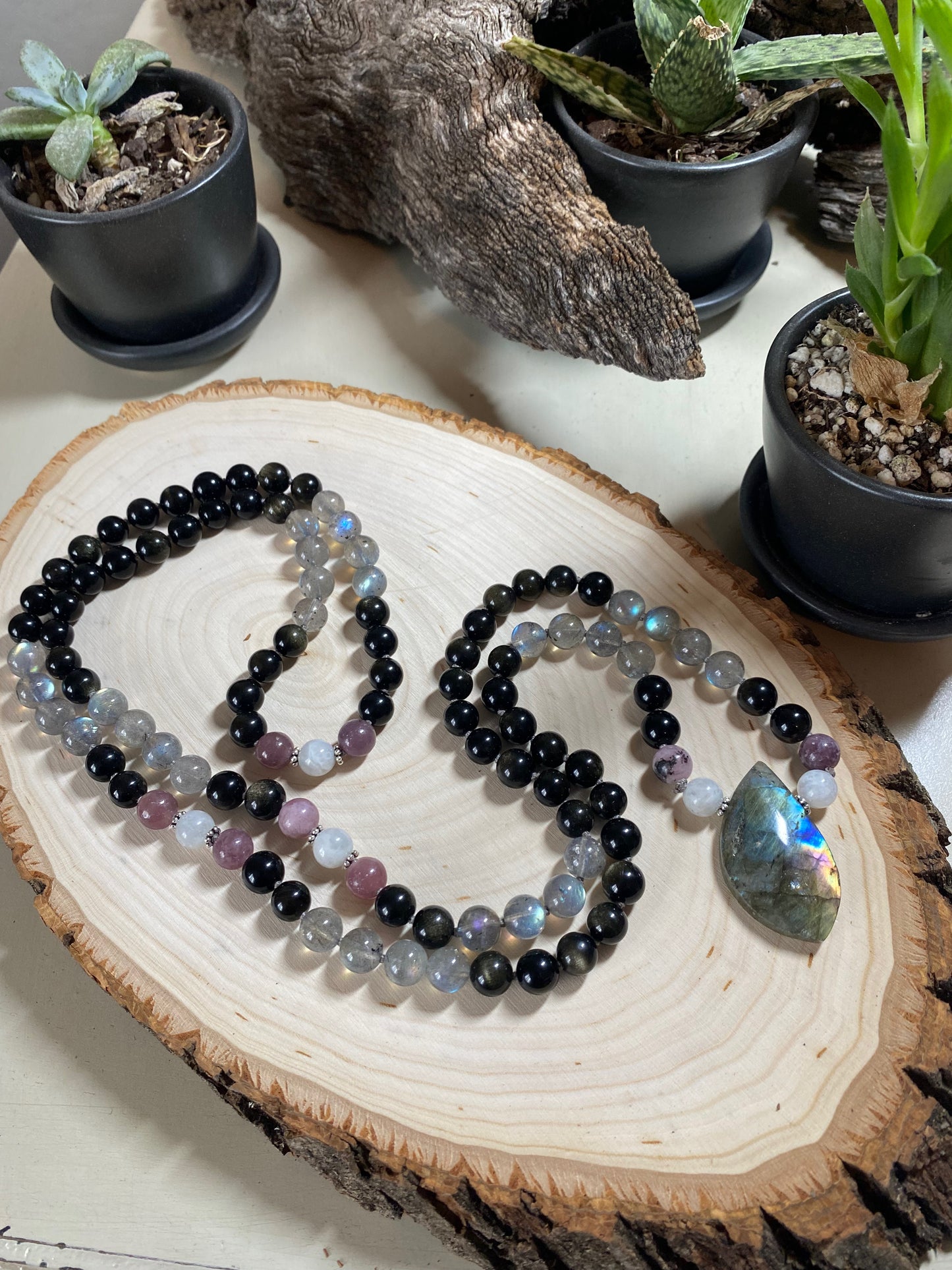 TIbetan Infinity Mala with Gold Sheen Obsidian, Labradorite, Lepidolite and Rainbow Moonstone.