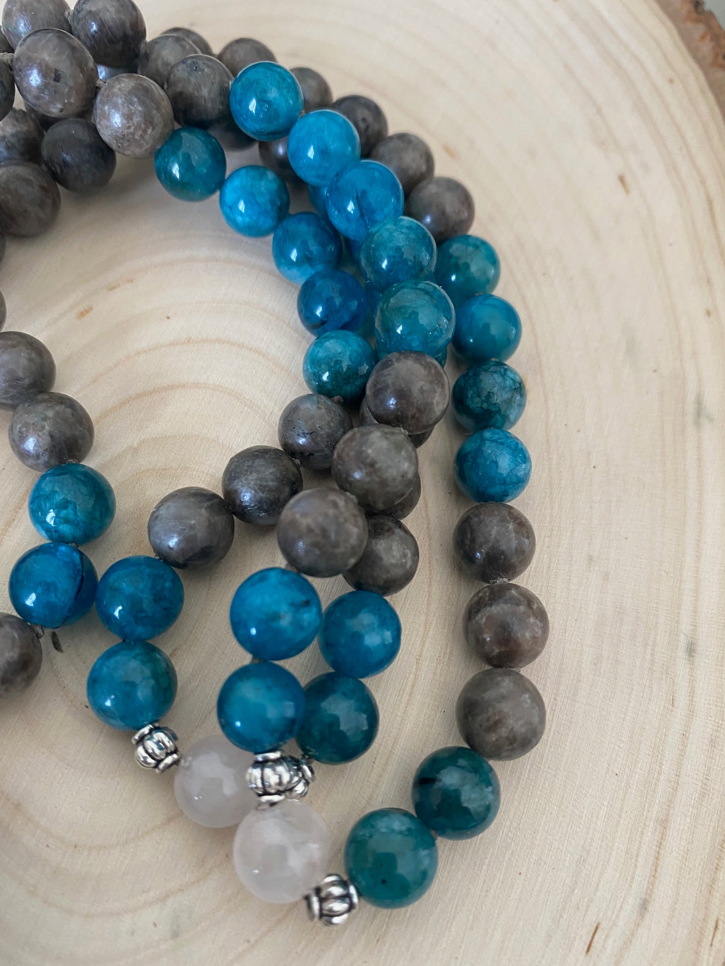 Chocolate Labradorite, Apatite and Rose Quartz Mantra Pattern Mala