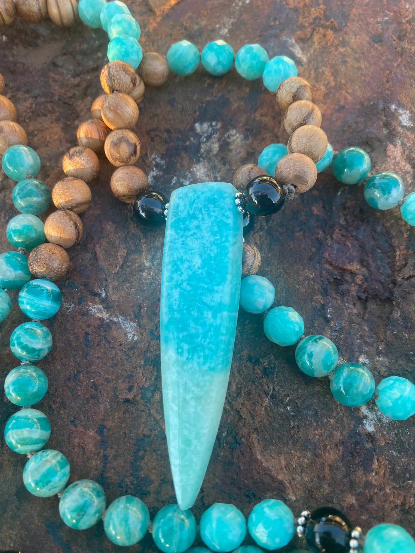 Tibetan Pattern Infinity Mala with Russian Amazonite Dagger. Amazonite, Smokey Quartz and Sandalwood Beads