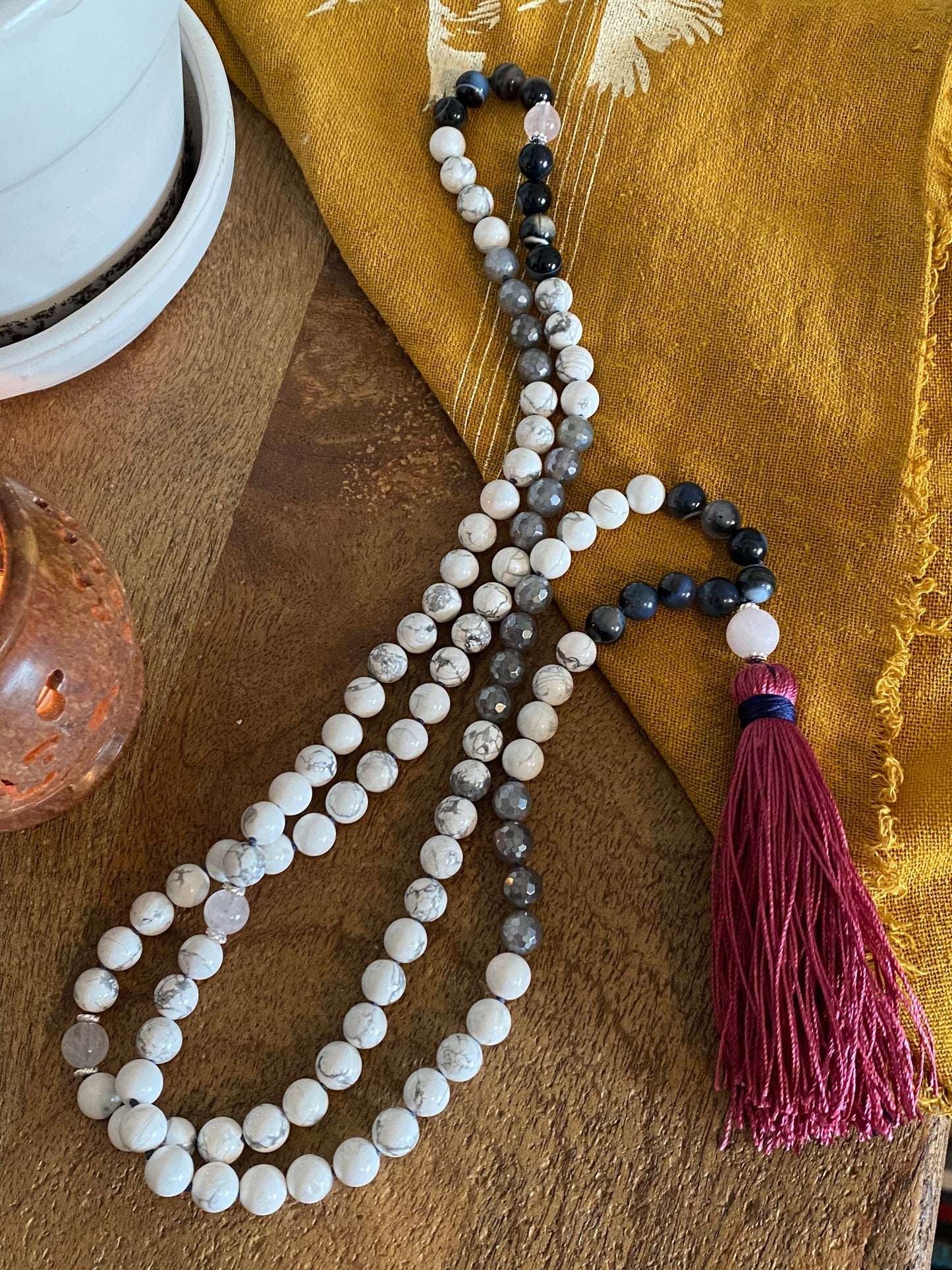 Howlite, Montana Moss Mala  Agate, Smokey and Rose Quartz