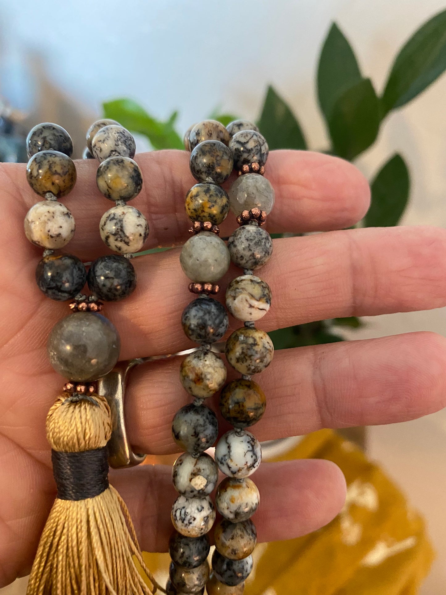Meditation yoga Mountain agate nature prayer beads silk tassel