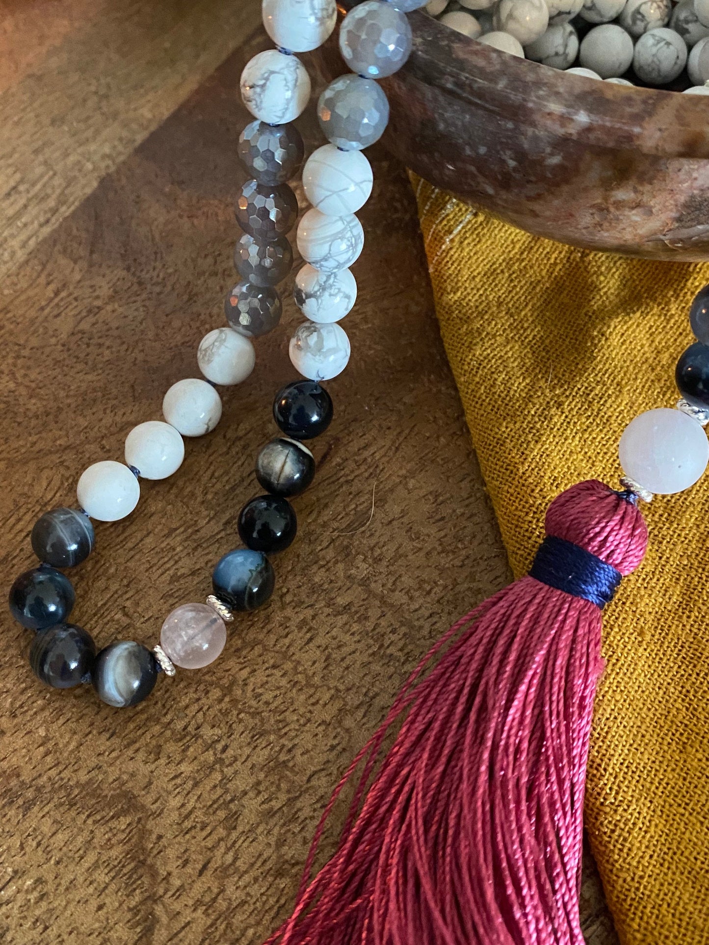 Howlite, Montana Moss Mala  Agate, Smokey and Rose Quartz