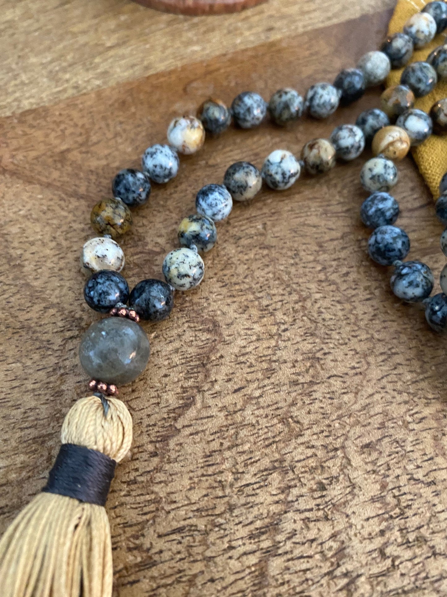 African opal Chalcedony and Labradorite Mala Necklace